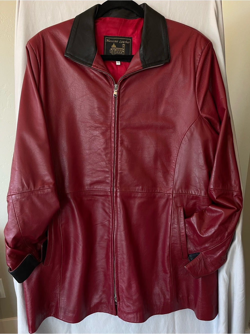 Massimo Red Leather Zip Jacket with Black Collar